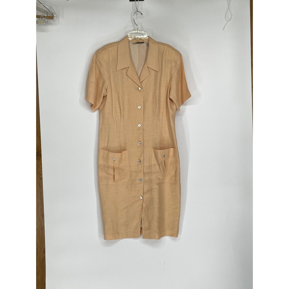 Peter Martin Womens Dress 10 Peach 100% Irish‎ Linen Button Front Midi Pockets
